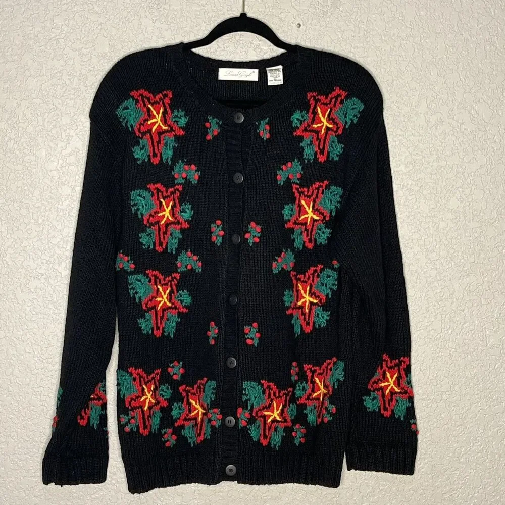 Vtg Womens Size XL Christmas Poinsettia Knit Laura Gayle Cardigan Black Red